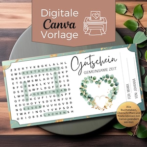 Könnte beinhalten: Eine digitale Canva-Vorlage für einen Gutschein mit einem Wortsuchrätsel und einem herzförmigen Kranzdesign. Der Gutschein enthält den Text "Gutschein Gemeinsame Zeit" und ist anpassbar.