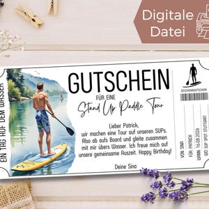 Modello di voucher per Stand Up Paddle da stampare | Regala un buono regalo digitale per un tour sulla tavola SUP | Idea regalo: Stand Up Paddling