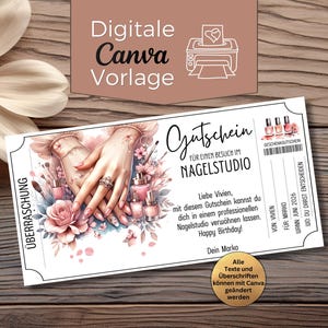 May include: A digital Canva template for a nail salon gift voucher. The design features a watercolour illustration of manicured hands, nail polish bottles, and floral accents. Text includes "Gutschein" and "Happy Birthday!"