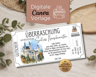 Gutschein Schloss Neuschwanstein Besuch | Vorlage zum Personalisieren und Ausdrucken | Reisgutschein Bayern Marienbrücke | Führung Schloss