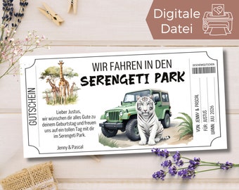 Serengeti Park voucher template | Zoo visit voucher to print | Animal park voucher to design | White tiger gift voucher