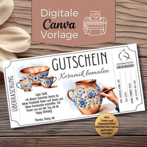 Puede incluir: Un vale de regalo con el texto "GUTSCHEIN Keramik bemalen" e ilustraciones de cerámica. El vale incluye el texto "Digitale Canva Vorlage" y un diseño floral. El fondo es una superficie de madera.