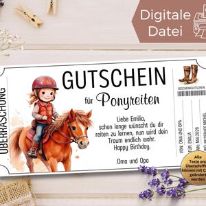 Modèle de bon d'équitation à poney à imprimer | Idée cadeau cours d'équitation sur poney | Chèque cadeau pour des cours d'équitation, partez à poney