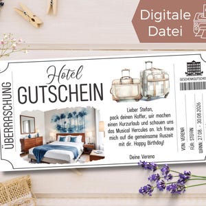 Reischeque hotelovernachting | Voucher hotelboekingssjabloon om af te drukken | korte vakantie | hotelovernachting | hotelreservering koffer