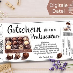 Voucher chocoladecursussjabloon om af te drukken | Bonsjabloon chocoladeliefhebbers | Cadeau-idee zoetekauw | Workshop chocolaatjes maken