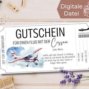 Gutschein Cessna Flug Vorlage zum Ausdrucken | Gutschein Flugzeug Rundflug | Geschenkidee Zeit statt Zeug | Erlebnisgutschein