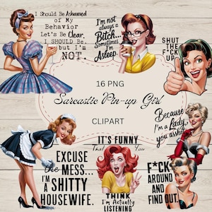 Sarcastische Pin-Up Girls Clipart | PNG | transparante achtergrond |commercieel gebruik | digitale download | Gezegden illustraties