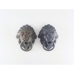 May include: A pair of metal door knockers, each featuring a sculpted lion head with a mane and a circular ring held in the mouth. One lion head has a warm bronze-toned finish, while the other has a darker, charcoal-colored metallic finish.