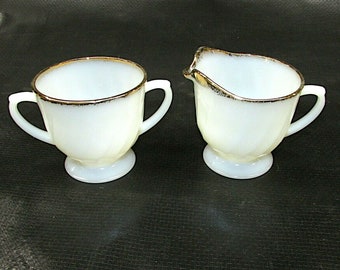 1950's Anchor Hocking Fire King White Swirl Gold Trim Sugar Bowl & Creamer Set