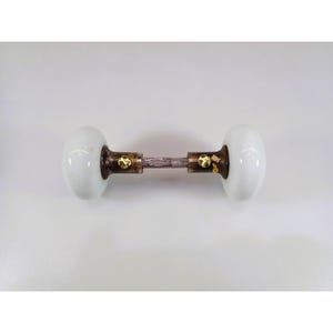 Vintage White Porcelain Doorknob Set with Spindle & New Brass Screws