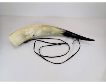 Vintage Polished Steer Horn Hunting Horn Leather Strap 20" Wall Decor