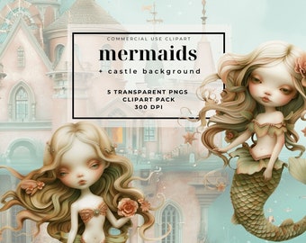 Sirena de acuarela, imágenes prediseñadas de sirena linda, ilustración de sirena, imágenes prediseñadas submarinas, imágenes prediseñadas de castillo submarino, imágenes prediseñadas de fiesta de sirena