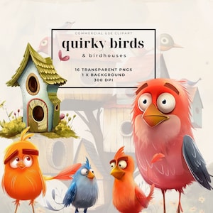 Quirky Funny Bird Clipart, Quirky Birdhouse Clipart, Whimsical Bird Clipart, Sublimation clipart, Cartoon Bird Clipart, Cute Bird Clipart