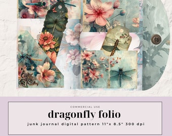 May include: A digital paper pack for junk journals featuring eight sheets with a dragonfly and floral theme. The sheets are 11 inches by 8.5 inches and 300 dpi.