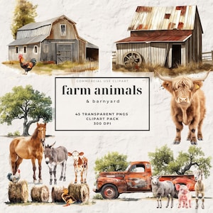 May include: A watercolor illustration of a farm scene with a red barn, a rusty truck, hay bales, and various farm animals including a rooster, a cow, a horse, a donkey, a goat, a pig, and a duck.