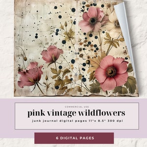 Stravaganti fiori di campo vintage rosa l carte a motivi / pagine di diario spazzatura / diario spazzatura fiori di campo / diario spazzatura floreale rosa