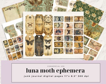 May include: A digital paper pack featuring 17 sheets of vintage-style ephemera with a luna moth theme. The pack includes tags, journal pages, and decorative elements with butterflies, floral patterns, and antique-looking text.