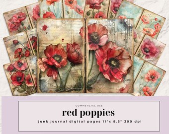 May include: A collection of digital junk journal pages featuring watercolor illustrations of red poppies. The pages are 11" x 8.5" and include 9 inner pages. The artwork has a vintage, aged aesthetic with musical notes in the background.