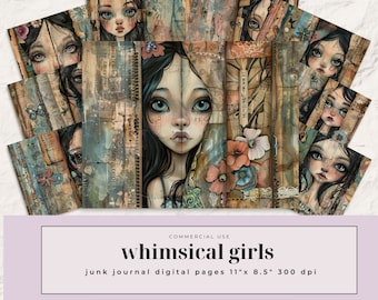 Whimsical Girls Junk Journal Pages | Whimsical Ephemera | Pobieranie cyfrowe | Whimsical Digital Papers Girls Digital Papers | Digi Kit
