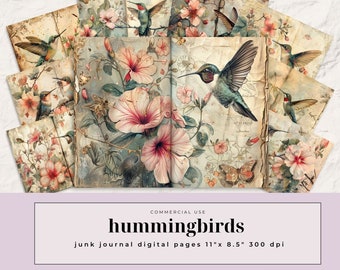 Hummingbird Junk Journal Paper | 9 Digital Journal Pages | Printable Ephemera | Paper Craft | Collage Sheet | Junk Journal Pages