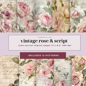 Junk Journal | Journal Papiere | Vintage Papiere | Rose Digitales Papier | Digitaler Download | Vintage Rose und Schrift | Ausdruckbare Shabby-Seiten