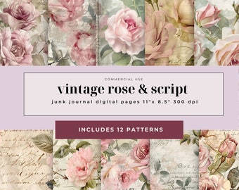 Junk Journal | Journal Papers | Vintage Papers | Rose Digital Paper | Digital Download | Vintage Rose and Script | Printable Shabby Pages