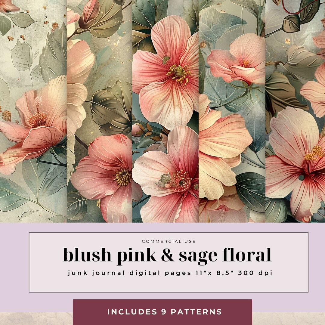 Blush Pink & Sage Green Floral Patterned Papers | Junk Journal Pages ...
