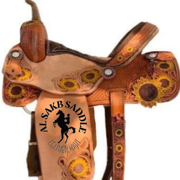 Al Sakb Argentinian Leather Western Barrel Horse Saddle. Sun Flower Tooled with Matching Tack Set and Free Shipping. (Size10"-18")