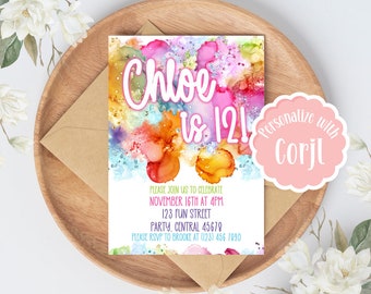 Editable Watercolor Rainbow Birthday Invitation - Basic Neon *Digital Download*