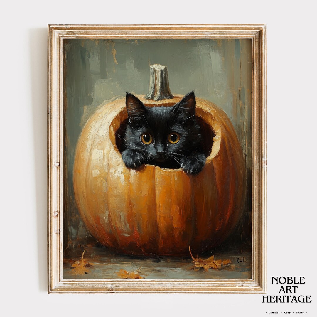 Black Cat Pumpkin Painting – Vintage Halloween Cottagecore Print