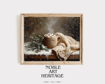 May include: A framed print of a cozy winter scene. A steaming mug of hot chocolate with marshmallows sits next to a knitted blanket and a sprig of evergreen on a snow-covered surface. The print includes the text "NOBLE ART HERITAGE".