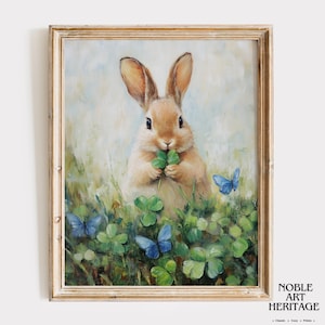 Charming Rabbit in Meadow with Butterflies - Printable Spring Wall Art, Cottagecore Countryside Decor, Rustic Nature Scene Painting 1517