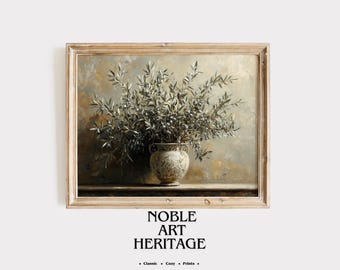 Olive Branch Painting – Vintage Vase, Cottagecore Art (Digital Print) 4164