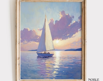Pintura vintage de veleiro ao pôr do sol – Arte náutica costeira (Download digital) 1581
