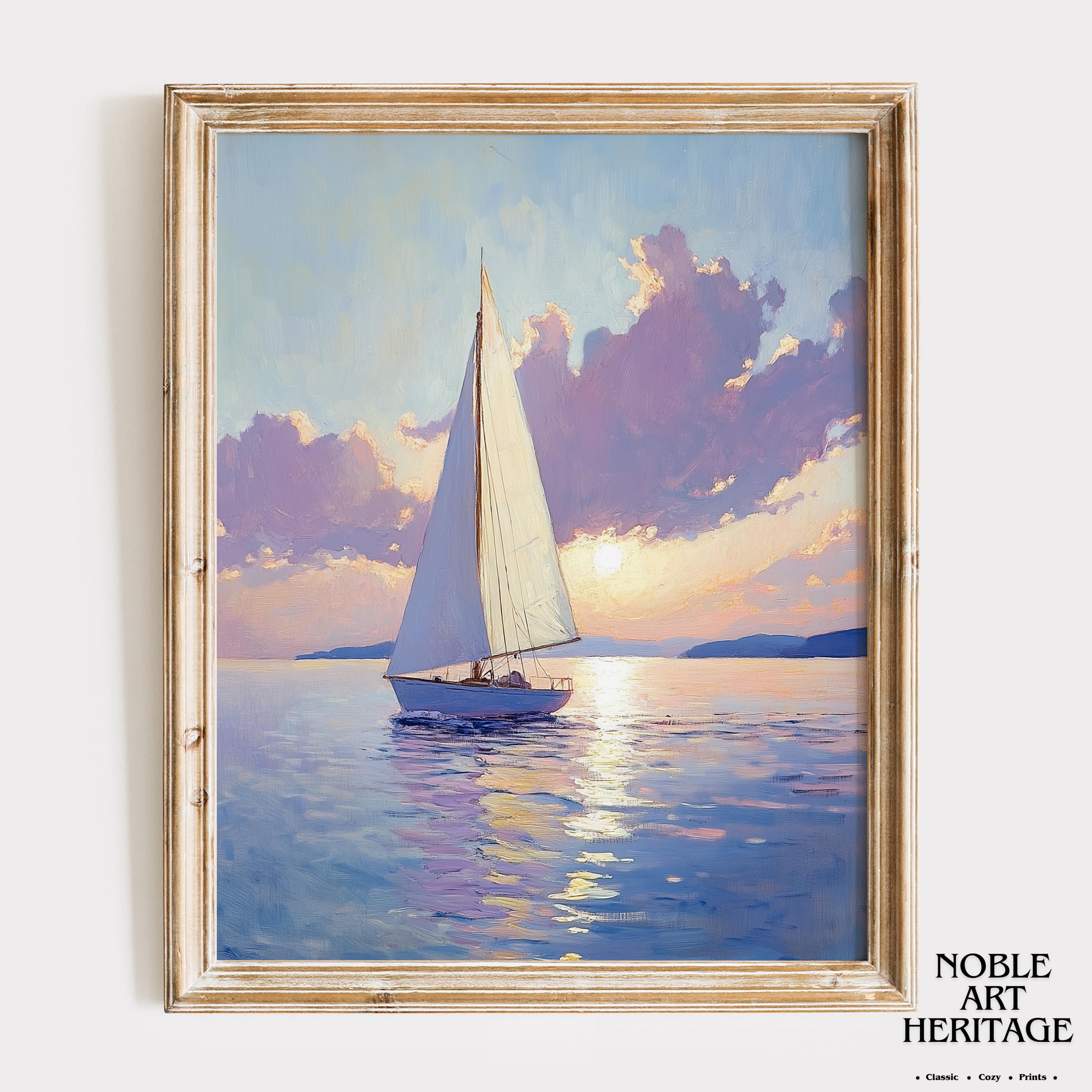 ヴィンテージの夕焼け帆船の絵画 – 航海沿岸アート（デジタル