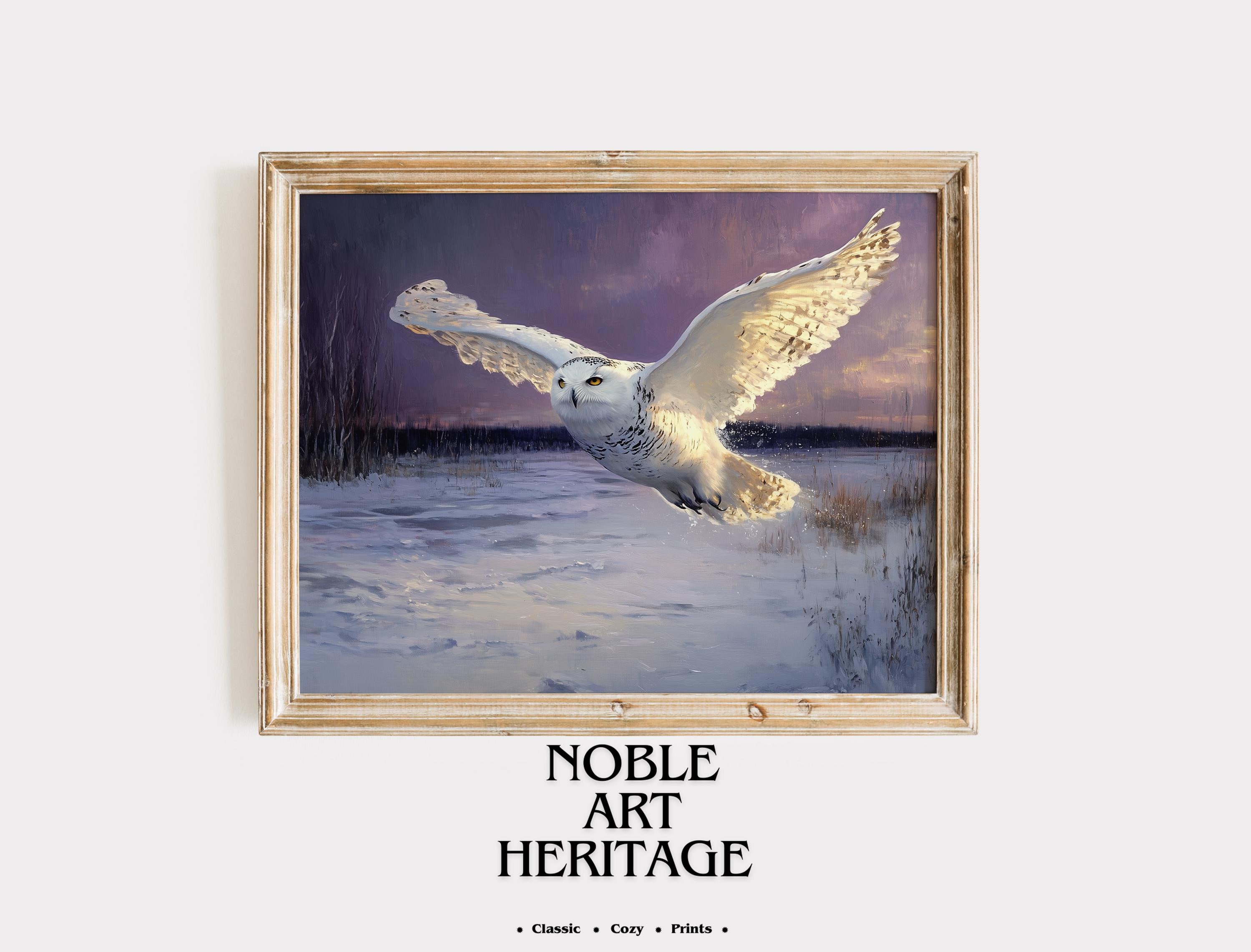 Rustic Snowy Owl in Flight Over Winter Landscape - Printable Vintage Christmas Wall Art, Moody Fores