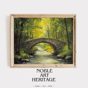 Rustic Stone Bridge Over Calm Stream - Printable Vintage Landscape Art, Earthy Forest Scene, Digital Wall Decor, Cottagecore Painting 686