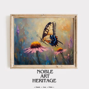 Printable Butterfly and Coneflower Oil Painting - Rustic Summer Wall Art, Vibrant Nature Scene, Cottagecore Decor, Floral Digital Print 739