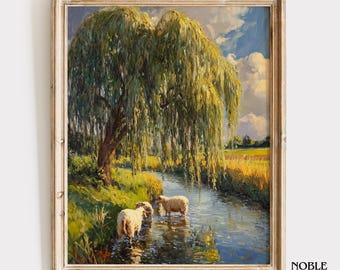Vintage Willow Tree & Sheep Painting – Pastoral Landscape Art (Digital Download) 1626