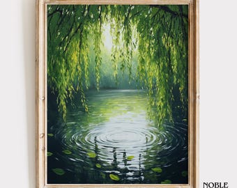 柳の木の池の風景画 – 静かな田園風景アート（デジタルダウンロード