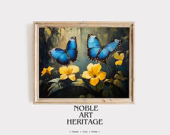 Blue Morpho Butterflies in Tropical Jungle - Classic Oil Painting, Printable Wall Art, Exotic Nature Decor, Vibrant Floral Scene 4890