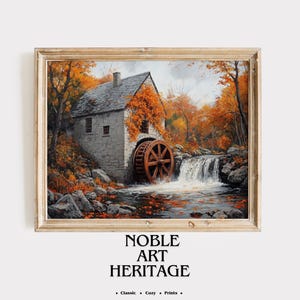 Vintage Autumn Mill Scene - Printable Rustic Watermill Painting, Charming Fall Landscape, Cottagecore Wall Art, Classic Oil Style 2287