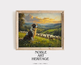 Dipinto di paesaggio vintage con Border Collie e pecore – Stampa di fattoria (download digitale) 365