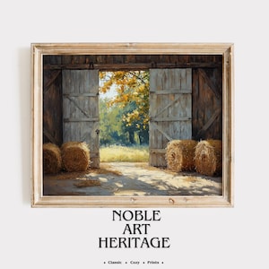 Puede incluir: Una impresión enmarcada de un interior de granero con puertas abiertas que revelan un campo soleado y árboles. La estructura de madera del granero y las pacas de heno son visibles. El texto "NOBLE ART HERITAGE" está en la parte inferior.
