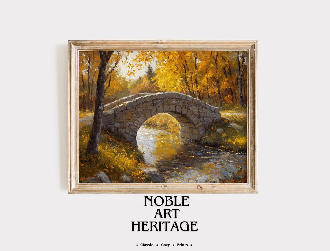 Autumn Landscape Painting, Stone Bridge Scene, Vintage Wall Art ...