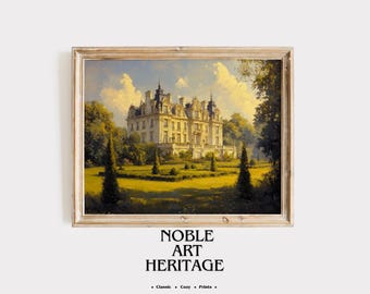 フランスアンティーク 絵画 額縁 城の風景 壁掛け 木製フレーム ヴィンテージフランスのシャトー絵画：ヨーロッパの城の壁画（デジタル