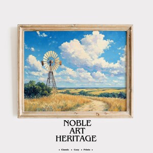 Rustic Windmill in Open Field - Printable Summer Landscape, Vintage Country Wall Art, Blue Sky and Cloud Scene, Farmhouse Decor 1030