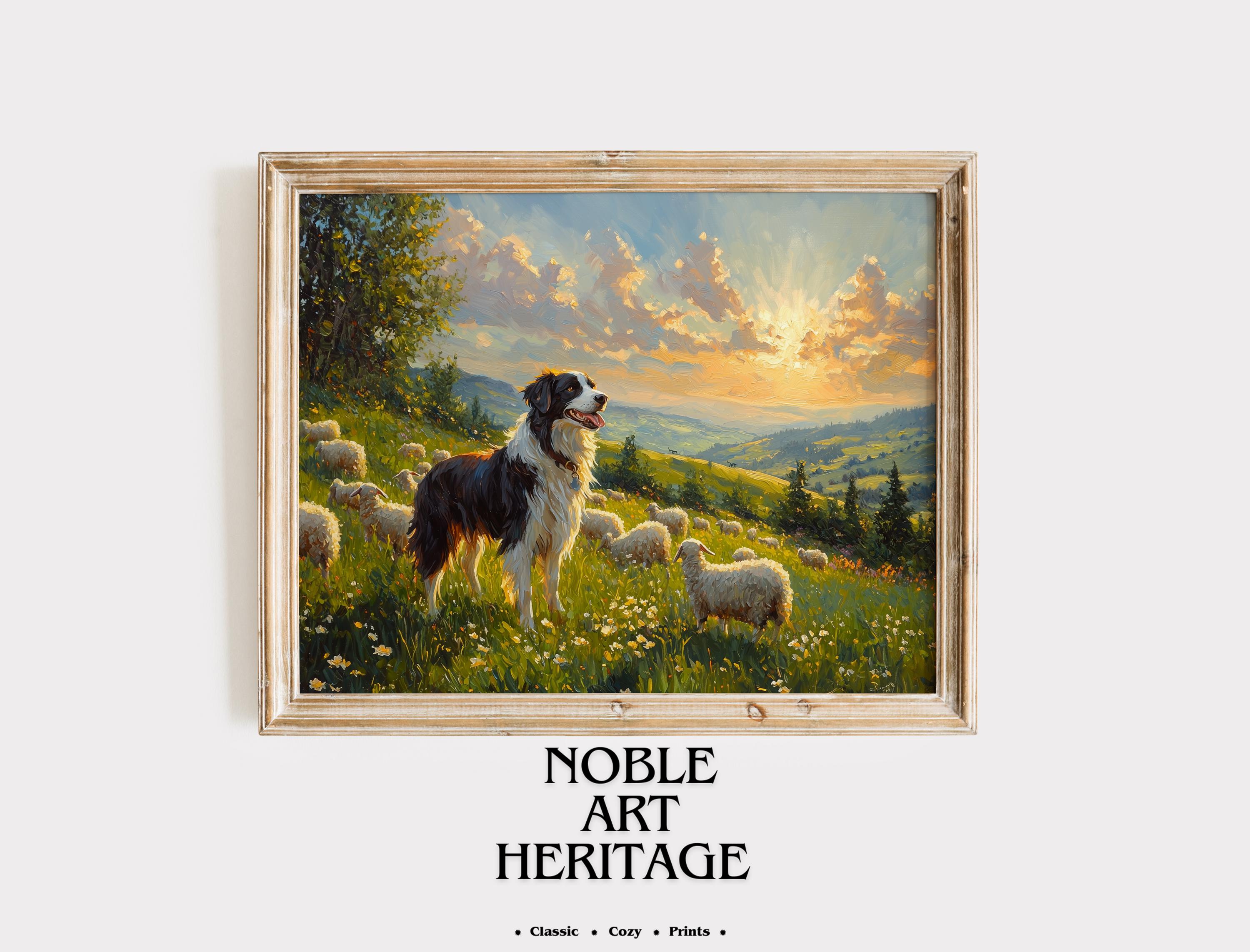 Border Collie Herding Sheep in Spring Meadow Printable - Rustic Farm Scene, Cottagecore Landscape Art, Pastoral Dog Print, Country Decor 364
