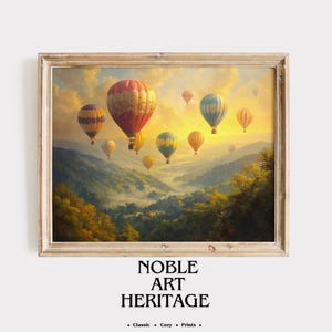 Colorful Hot Air Balloons Over Mountains - Rustic Summer Wall Art, Printable Vintage Landscape Decor, Balloon Painting, Digital Print 787
