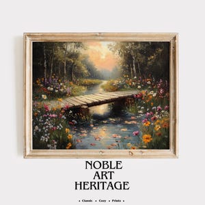 Rustikale Brücke über blühenden Bach - Druckbare Frühlingslandschaft, Cottagecore Naturdekor, Vintage Wandmalerei, ruhige Rückzugsszene 868